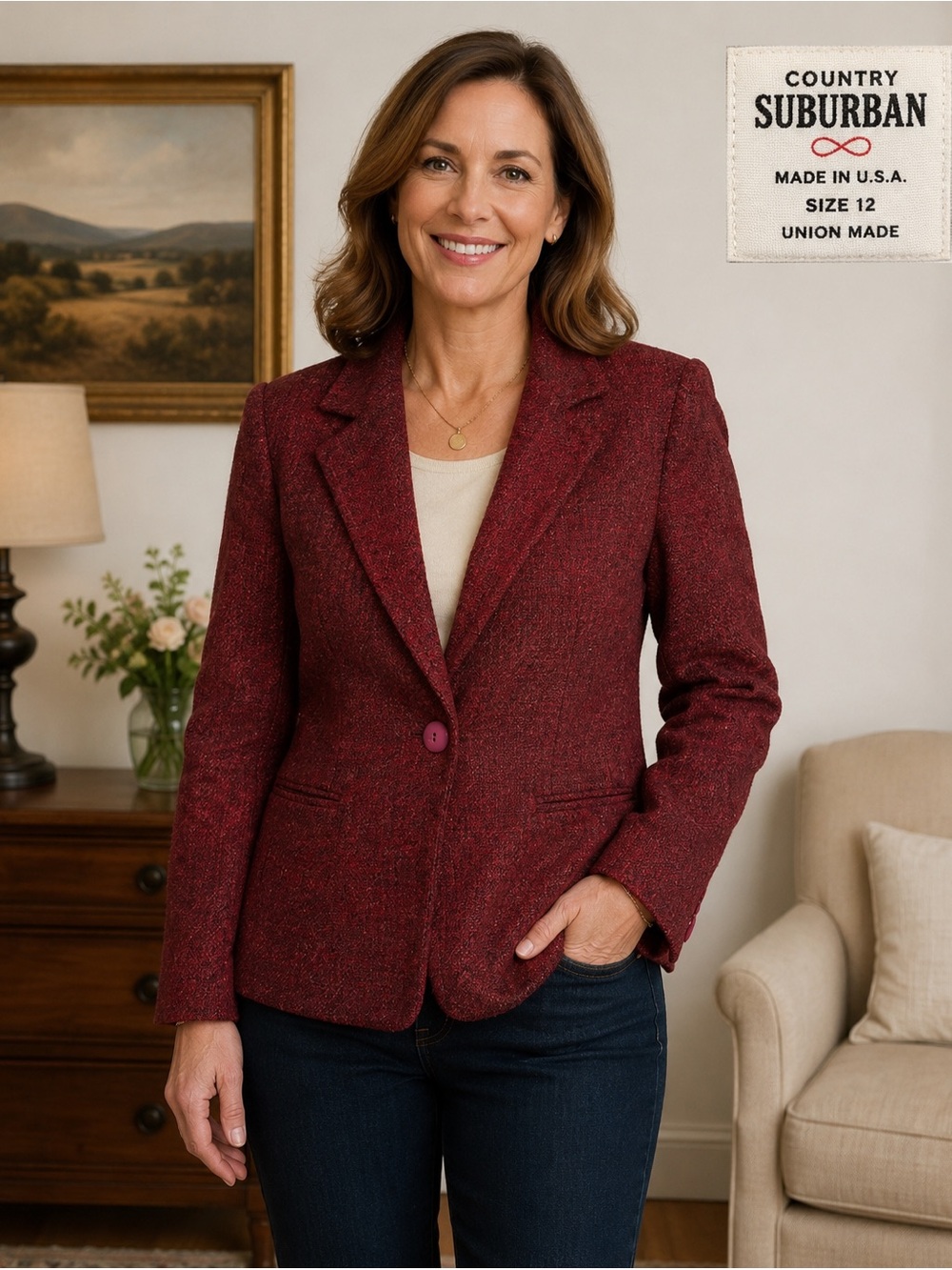 80s Country Suburban Dark Red Tweed Blazer 12 Made in USA Notch Collar Vintage